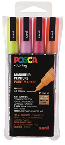POSCA - Marker Feine Rundspitze Glitter Warme Farben 4er Set | Acrylmarker mit feiner Rundspitze für Papier, Holz, Glas, Textilien und kreative Projekte