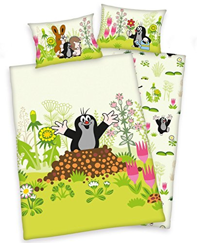 Arle-Living 3 TLG. Baby Bettwäsche Wende Motiv: Der kleine Maulwurf- Renforcé 100x135 cm + 40x60 cm + 1 Spannbettlaken 70x140 cm (mit Laken: weiß)