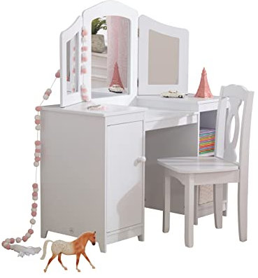 KidKraft Deluxe Schminktisch Weiß mit Spiegel und Stuhl aus Holz für Kinder, Frisiertisch mit Schubladen und Stuhl, Kindertisch mit Stuhl, Kinderzimmer Möbel, 13018
