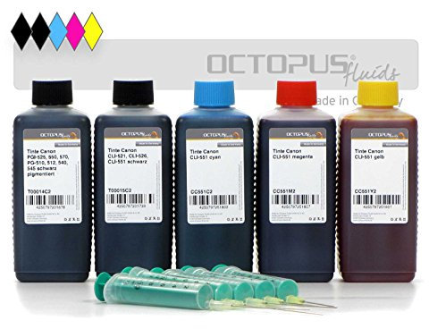 Octopus Concept GmbH Tintennachfüllsets Nachfülltinten Komplettset für Canon PGI-550, CLI-551 Druckerpatronen inkl. Nachfüllspritzen, 5x250ml Tinte für Canon Pixma MG 5450, MG 6350, IP 7250, Non-OEM