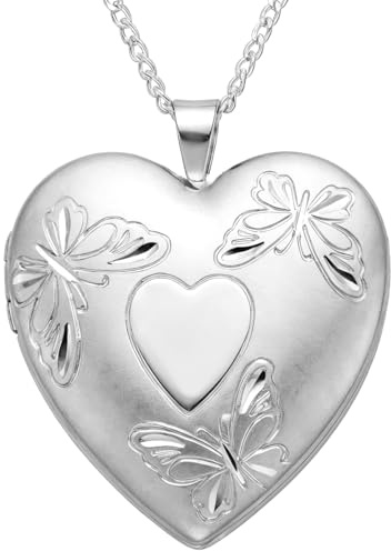Alexander Castle 925 Sterling Silver Locket Necklace for Women - Girls 4 Photo Locket - 24mm x 24mm Butterfly Heart Locket with 18 Silver Chain & Jewellery Gift Box