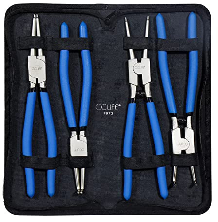 CCLIFE Pinces Circlips 310 mm - Lot de 4 Pinces à Circlips Intérieurs et Extérieurs Droites et Courbées Avec sac de Rangement