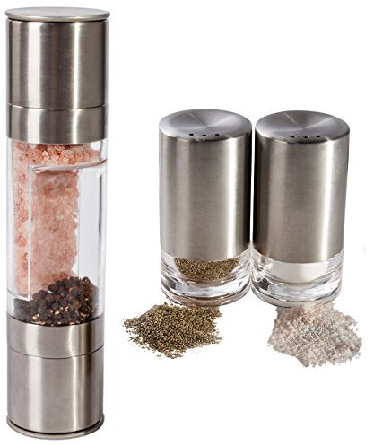 Salt and Pepper Grinder AND Two Spice Shakers Bundle - 2 in 1 Premium Salt and Pepper Mill - Stainless Steel Adjustable Coarseness Removable Caps - Salt and Pepper Shaker Set