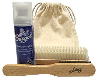 BURGOL Schuhputzset für Nubuk und Wildlederpflege Profi Schuhpflegeset für Raulederschuhe mit Bronzedrahtbürste, Lamellenbürste, Nubuk Lederpflege und Baumwollbeutel zur Aufbewahrung: Farbe: Blau