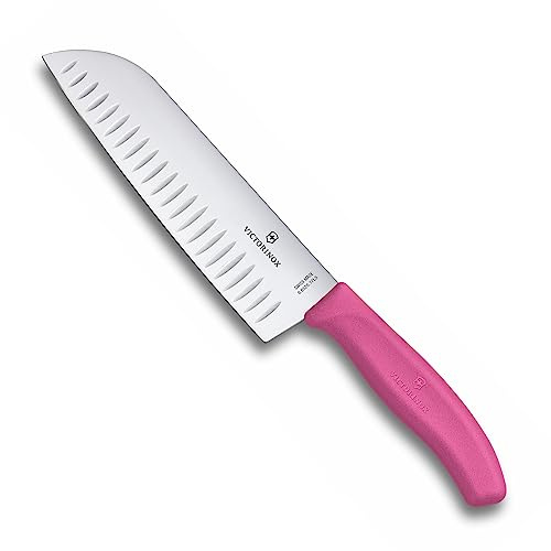 Victorinox Swiss Classic Santokumesser, Messer Asiatischer Art, Extra Scharfe Klinge, Kullenschliff, 17 cm, Rostfreier Stahl, Blister, Pink