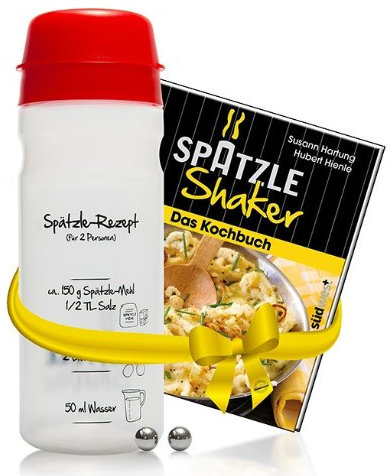 EINSTEIGER-SET für VEREINFACHTES SPÄTZLE MACHEN mit dem patentierten Spätzle-Shaker (675 ml) in ROT für 2 Portionen Spätzle + kreativem Rezeptbuch (8. Auflage, Verlag Südwest)