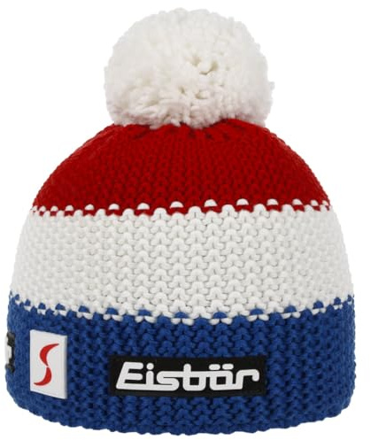 Eisbär Star Skipool Kids Beanie Strickmütze Kindermütze Skimütze Bommelmütze Kinder - Made in Austria mit Futter, Futter Winter Herbst-Winter - One Size blau-rot