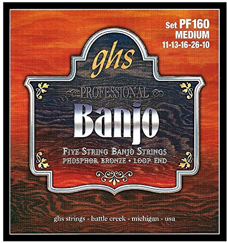 GHS Professional - PF160 - Banjo String Set, 5-String, Loop End, Phosphor Bronze, Medium, .010-.022