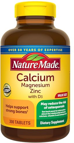 Nature Made Calcium Magnesium Zinc with Vitamin D3, Dietary Calcium Supplement for Bone Support, 300 Tablets
