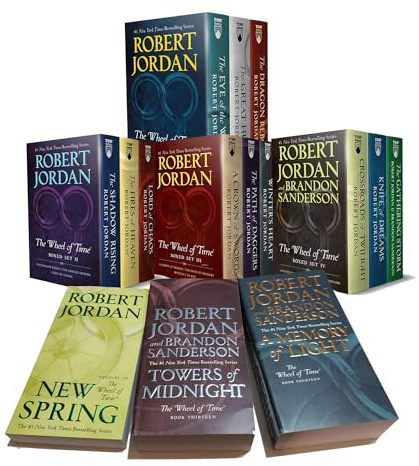 La rueda del tiempo, conjunto de 15 libros: Nueva primavera, Ojo al mundo, Gran cacería, Dragón renacido, Sombra creciente, Fuegos celestiales, Señor del caos, Espadas de la corona, Dagas del camino, Corazón invernal, Crepúsculo de la encrucijada, Sueños con cuchillos, Tormenta inminente, Torres Medianoche, luz de la memoria