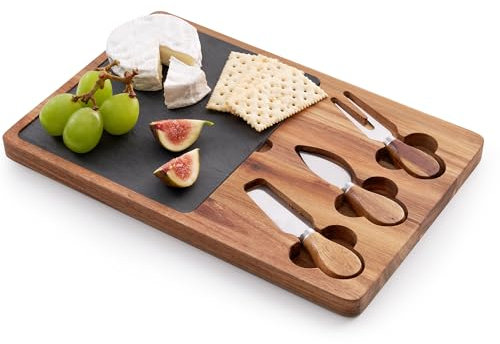 Bamboo Cheese Board Gift Set with 4 Piece Cheese Knives Charcuterie Board Wooden Serving Tray