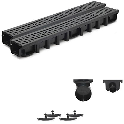 2m Entwässerungsrinne für modulares System A15 98mm, komplett Stegrost Kunststoff, Schwarz Classic