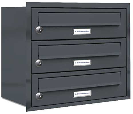 AL Briefkastensysteme, 3er Unterputzbriefkasten in Anthrazit Grau RAL 7016, 3 Fach wetterfeste Briefkastenanlage Design modern