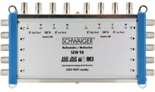 Schwaiger SEW98 531 Multischalter (2 Satellitenpositionen, bis zu 8 Teilnehmer, kein Netzanschluss nötig; DVB-T2 geeignet) Silber