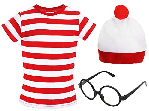 Barn 'Hitta mig' bokkaraktär kostym – stor – kortärmad röd och vit randig topp + röd och vit tofsmössa + svarta nördglasögon maskeradset för World Book Day