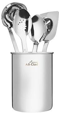 All-Clad 5-Piece Stainless Steel Kitchen Utensil Set – Includes Ladle, Solid Spoon, Slotted Spoon, Turner & Storage Caddy – Heavy-Gauge, Ergonomic, Dishwasher Safe, Silver