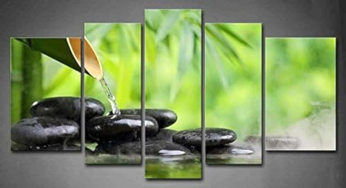 5 Panel Wall Art Green Spa Still Life With Bamboo Fountain And Zen Stone In Water Painting The Picture Print On Canvas Botanical Pictures For Home Decor Piece Stretched By Wooden Frame Ready To Hang