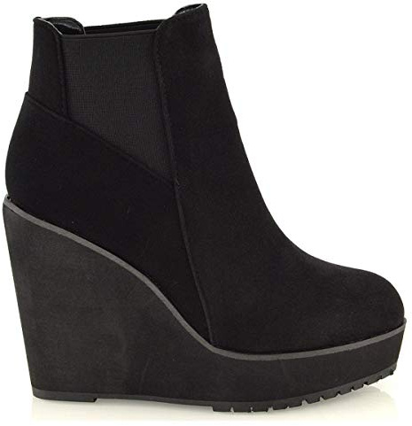 ESSEX GLAM New Womens Wedge Heel Chelsea Chunky Cleated Platform Ladies Ankle Boots Shoes Size 3 4 5 6 7 8 (UK 5 / EU 38 / US 7, Black Faux Suede)