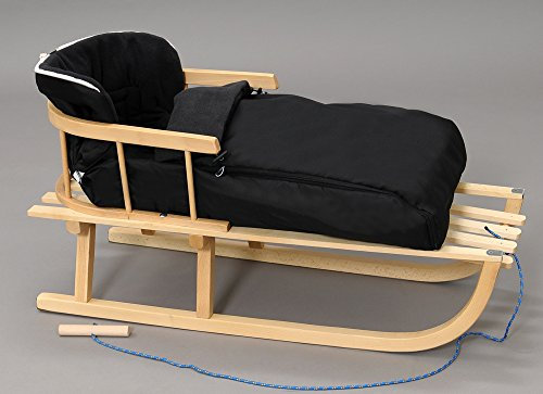 Holzschlitten Kinderschlitten Rodelschlitten Schlitten Klassischer aus Buchenholz mit Rückenlehne mit Winterfußsack aus Holz 90cm | 10 Farben (Schwarz)