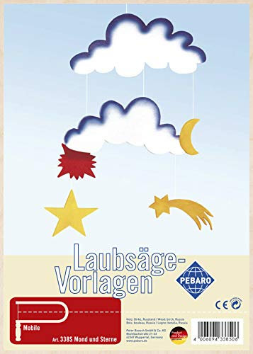 Pebaro 338S Laubsägevorlage Mobile Windspiel Mond und Sterne, 3mm Sperrholz DIN A 4, Motiv vorgedruckt, aussägen mit Laubsägebogen, basteln, anmalen, fertig, Laubsägen, Basteln mit Holz, Geschenkidee