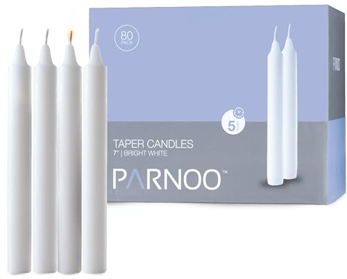 Tapered Candles - 80 Bulk Set of 6” Sticks - 5 Hours Clean, Long-Burning White Candlesticks - Dripless Unscented & Hand-Dipped Tall Candles for Dinners - White Taper Candles by PARNOO