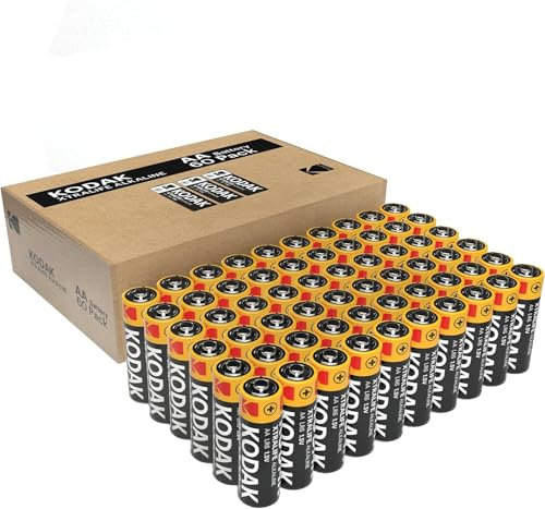 Kodak Xtralife 60-Pack AA Batteries, Double A Alkaline Battery Pack, 1.5V, 10-Year Shelf Life, LR6, Ideal for High-Drain Devices, 12x More Power, Plastic Free Cardboard Outer Carton