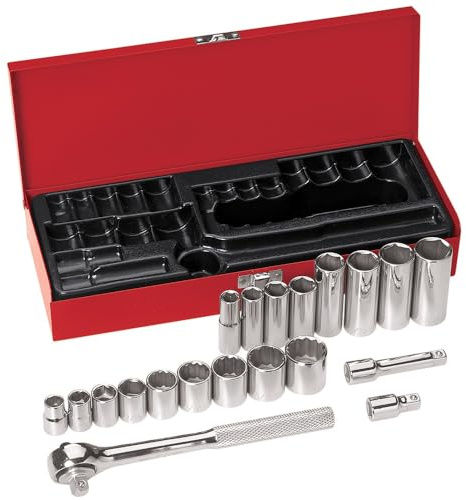 KLEIN TOOLS 65508 3/8-Inch Drive Socket Wrench Set with 6-Point, 12-Point, and 6-Point Deep Sockets in SAE Sizes, Case Included, 20-Piece