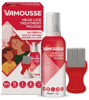 Vamousse Head Lice Treatment Mousse | Kills 100% of Head lice and Eggs Within 15 Minutes I One-time Application I Non-Greasy | Steel Nit Comb Included | 160 ml