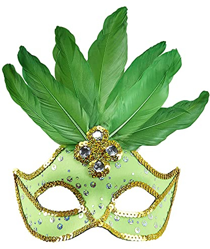 Widmann Milano ART. 03868 Grüne Augenmaske mit Federn für Erwachsene | Mit holografischen Pailletten, Paillettenrand und Federn für Karneval, Samba, Mottoparty, Showkostüme