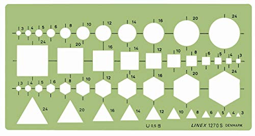 Linex 1270S Kombinationsschablone, mit Kreisen, Quadraten, Sechsecken und Dreiecken von 3-24 mm, 195 x 100 mm
