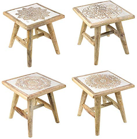 Carousel Home and Gifts White Washed Rustic Shabby Chic Wooden Hand Carved Mango Wood Stool ~ Design Vary