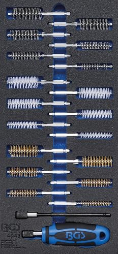BGS 4043 | Werkstattwageneinlage 1/3 | Bürsten-Sortiment | 20-tlg. | 18 Bürsten in 6 Größen | Besatz aus Messing, Nylon, rostfreiem Stahl | Handgriff und Verlängerung mit Schnellaufnahme