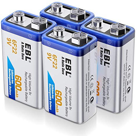 EBL Rechargeable 9V batteries High Volume 600mAh Li-ion 6F22 PP3 Rechareable Batteries Pack of 4 (New Packaging, Images Coming Soon)