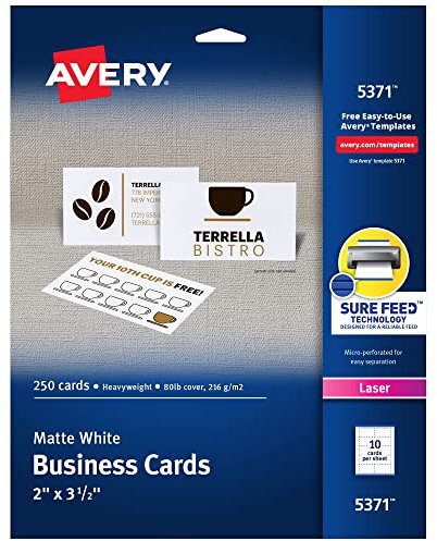 Avery Bedruckbare Visitenkarten mit Sure Feed Technologie, 5,1 x 8,9 cm, weiß, 250 Blanko-Karten für Laserdrucker (05371)
