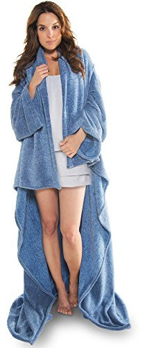 CelinaTex Decke mit Ärmeln und Fußtasche Flauschige Kuscheldecke 150 x 180 cm blau weiß Mikrofaser Fleece Oeko-TEX Calgary