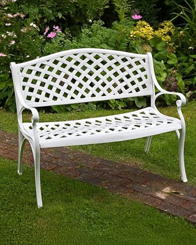 Lazy Susan Jasmine Metall-Gartenbank | 2-Sitzer | Wetterfeste Gartenbank | Gussaluminium | Rostfrei | 3 Jahre Garantie (Weiß)