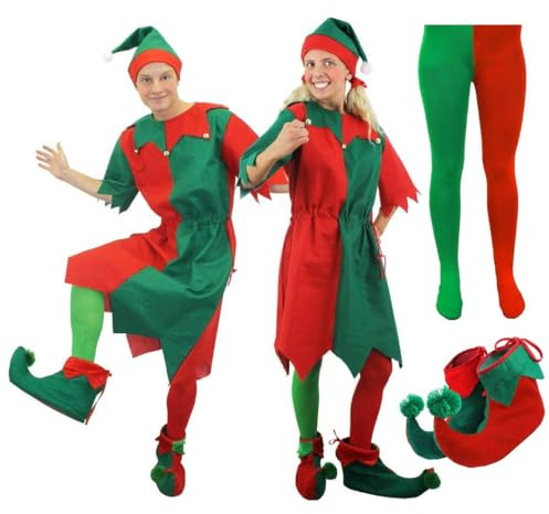 Adults Elf Costume - Red & Green Tunic + Matching Hat, Shoes & Tights - Unisex Elf Christmas Fancy Dress Costume