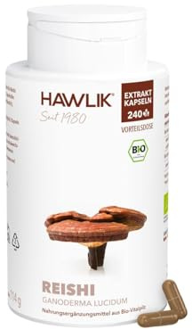 HAWLIK Vitalpilze Bio Reishi Extrakt Kapseln - 240 Kapseln - Mit Vitamin C - Immunsystem - Natürlicher Anbau - Vegan - Zuckerrohr-Dose