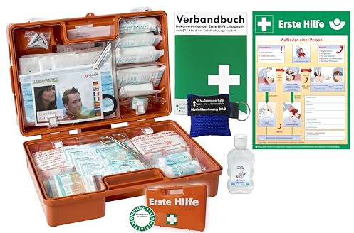 Erste-Hilfe-Koffer M3 PLUS für Betriebe nach aktueller DIN/EN 13157 von WM-Teamsport - inkl. Notfall-Beatmungshilfe, Verbandbuch & Hygiene-Gel & Plakat Erste Hilfe