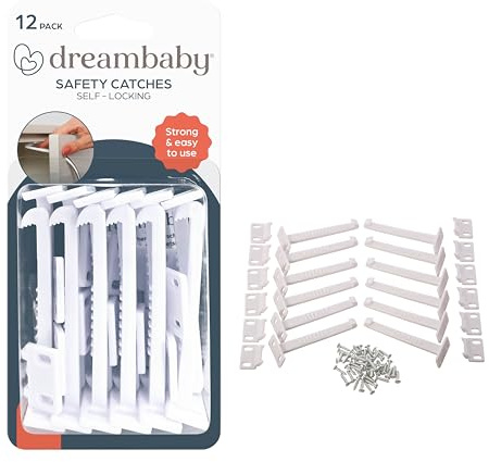 Dreambaby Safety Catches - Child Proof Cabinet & Drawers Locks Latches - White - 12 Count - Model L181