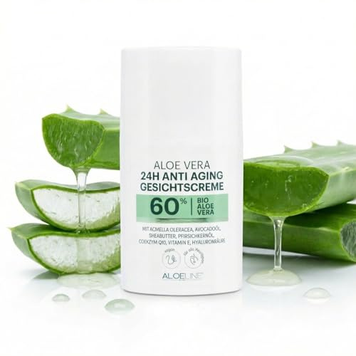 ALOE Line Anti-Aging-Creme 50 ml mit 60% Bio-Aloe Vera, Q10 und Hyaluronsäure, 24-Stunden-Feuchtigkeit, Anti-Falten, strafft und regeneriert die Haut – Tag und Nacht – für alle Hauttypen