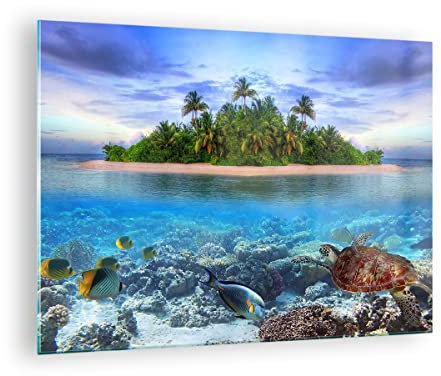 Moderne Impression sur Verre Plage lagune eau océan Image Tableau en Verre Decoration Murale 70x50cm Deco Cadre Salon Chambre Cuisine Horizontal Petit Tableaux Decoratifs Muraux Art Wall GAA70x50-2686