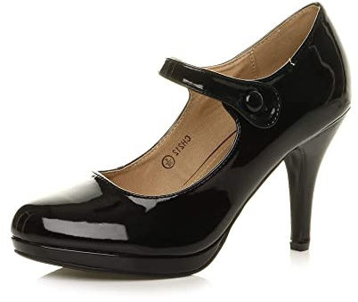 Ajvani Womens Ladies mid high Heel Mary Jane Strap Evening Court Shoes Pumps, 6 UK, Black Patent