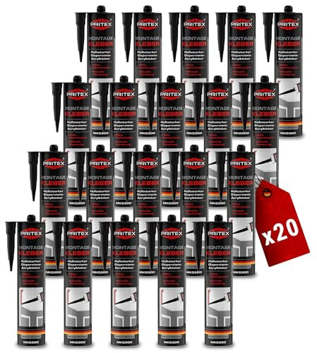 PRITEX – Profi Montagekleber Weiß 20x 300 ml – Baukleber für Holz-Paneele, Kabelkanäle, Sockelleisten, Styropor, Fliesen, Beton uvm. – haftstarker Universalkleber auf Acrylatdispersion-Basis für innen