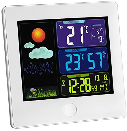 TFA Dostmann Sun Digitale Wetterstation mit Temperatursender, 35.1133.02 Wettervorhersage mit Farbdisplay, messen von Luftfeuchtigkeit und Temperatur, Raumklimakontrolle, weiß