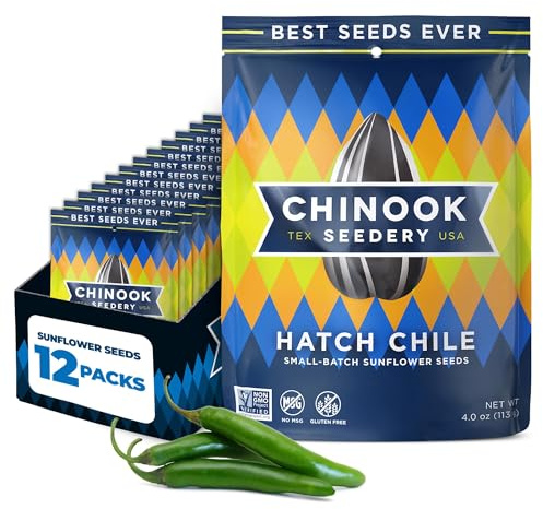 Chinook Seedery Sunflower Seeds to Eat — Jumbo, Flavored, Roasted, Low Sodium Snacks — Keto Friendly, Gluten-Free, Non-GMO — Hatch Green Chile Flavor 4 oz (12-Pack)