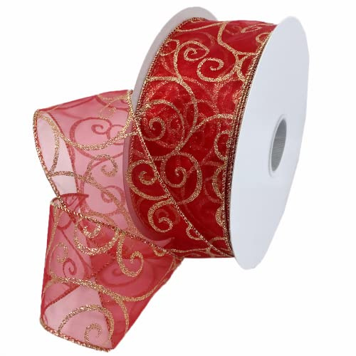 Morex Ribbon 7416.60/50-934 Swirl 6,3 cm x 45,7 m Nylon Sheer Curling Wired Glitter Ribbon, Rot/Gold, Urlaubsbänder zum Basteln und Weihnachtsdekorationen, Weihnachtsband für den Innenbereich zum