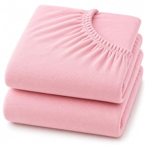 Dudu N Girlie Cotton Jersey Cot Bed Fitted Sheets, Pink, 140x70cm, 2 Pack | Fits Mattresses up to 15cm Deep, Fully Elasticated, Breathable Fabric