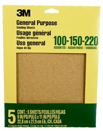 3M Aluminum Oxide Sandpaper Assorted Grit, 9005NA, 22.86 cm x 27.94 cm, 5 Sheets per Pack - For General Purpose Sanding on Paint, Wood and Metal