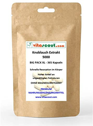 Knoblauch 5000mg – 365 Kapseln (Extrakt 50mg 100:1) – Hochdosiert – Ohne Magnesiumstearat – Von VITASCOUT